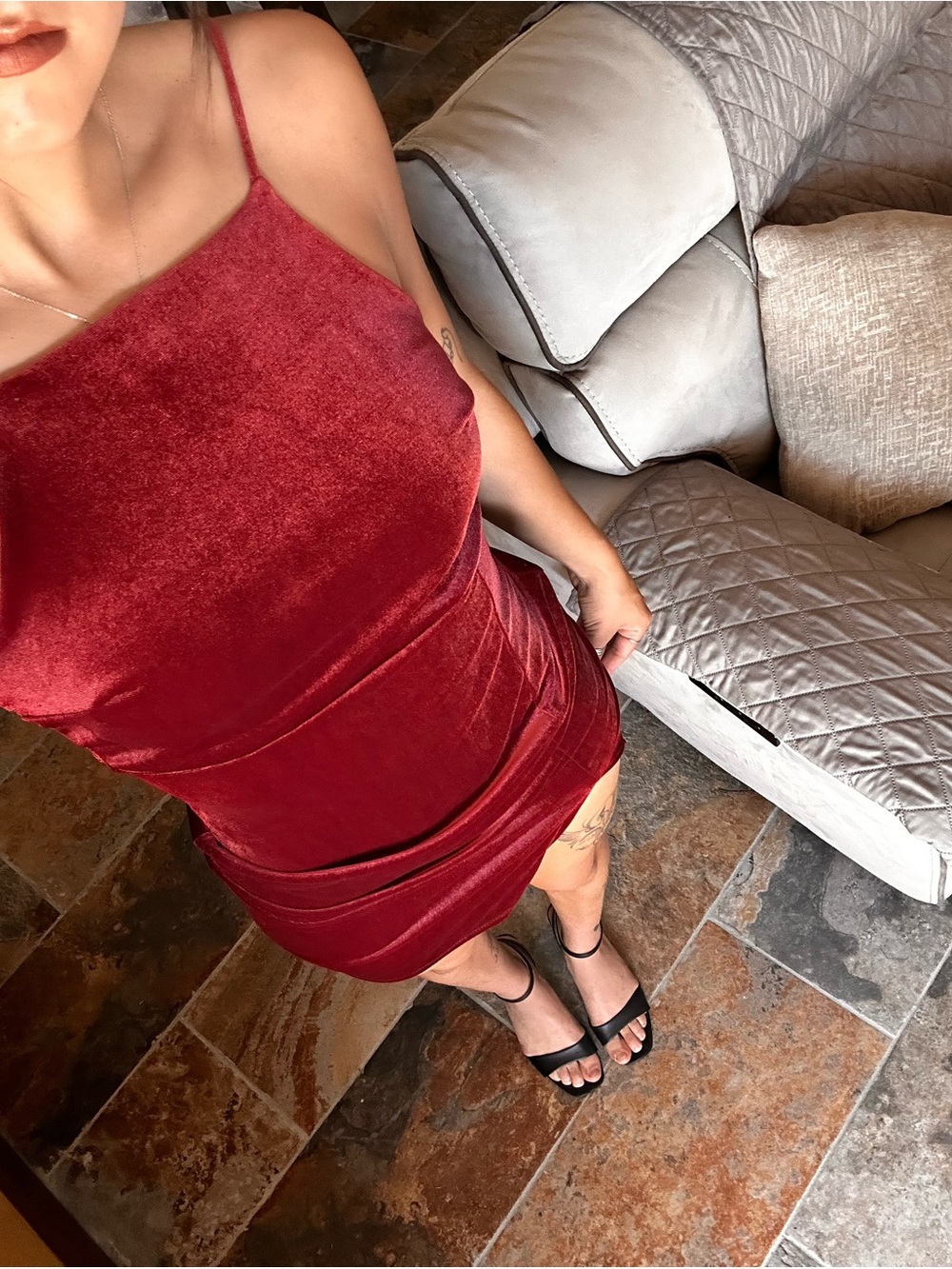Windsor Red Velvet Asymmetrical Dress Small Spaghetti Strap Cocktail Party Dress - Picture 5 of 8